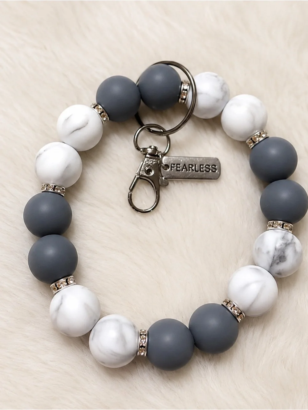 Fearless Grey & White Beaded Keyring Bracelet
